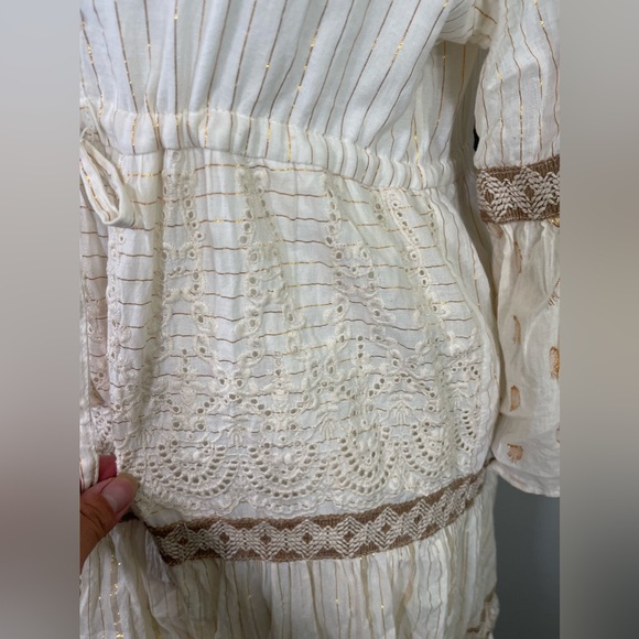 Dress Naoo Cream Boho Gold Stitch Embroidered Cotton Dress Made in India S - Picture 4 of 10
